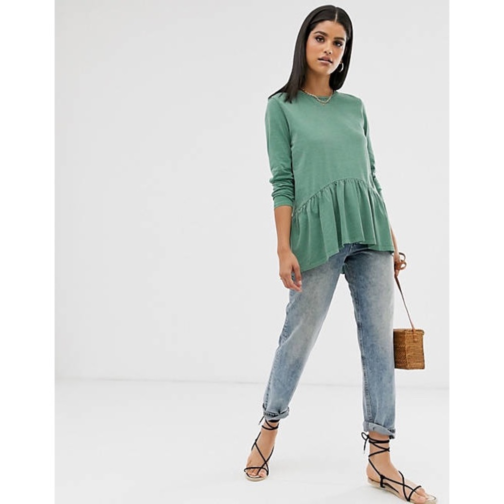 ASOS Long Sleeve Smocked Top Ruffled Hem Green Size 8 Oversized Casual